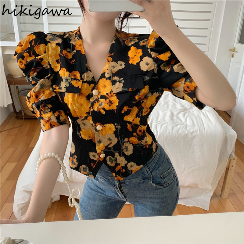 Womens Blouses Shirts Summer Blouse Women Blusas Mujer De Moda Sexy Vneck Puff Sleeve Tunic Korean Vintage Fashion Floral Crop Tops 7j335 230519