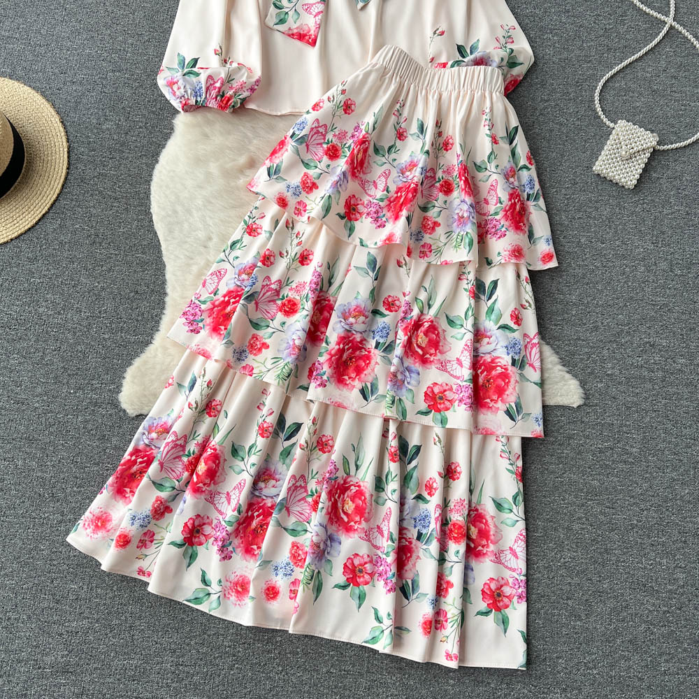 Two Piece Dress Spring Runway Vacation Suit Women Bow Neck Flower Print Long Sleeve Blouses + High Waist Layer Cascading Maxi Skirt 2 Pieces Set 2023