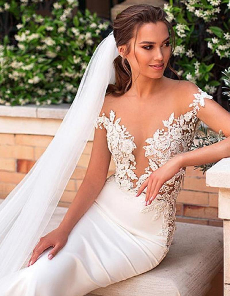 Sexy Boho Mermaid Wedding Dresses Satin Cap Sleeve Sheer Illusion Vestido De Noiva Lace Bohemian Bride Gowns With Romantic Buttons Back