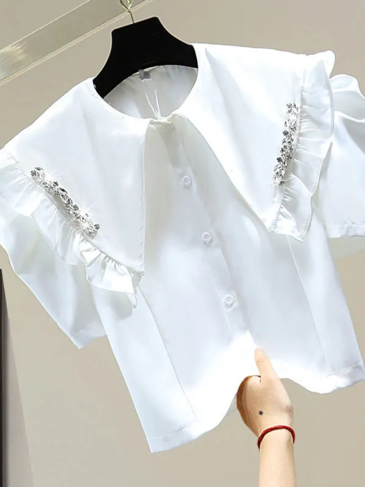 Womens Blouses Shirts EWQ Sweet Style Women Cardigan Blouse Peter Pan Collar Puff Sleeve Diamond Inlay Patchwork Shirt Spring Summer 27SN1147 230519