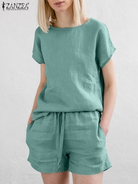 Women's Two Piece Pants ZANZEA Summer Women Matching Sets Short Sets Cotton Suits Short Sleeves Shorts Female Casual Tracksuit Tops Loose Home We