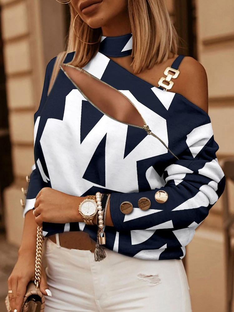 Womens Blouses Shirts Fashion Women Hollow Out Zipper Chic Spring Autumn Long Sleeve Print Halter Pullover Top Streetwear Drop 230519