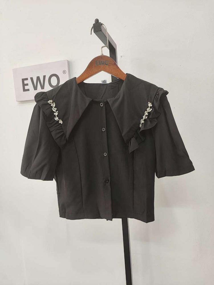 Womens Blouses Shirts EWQ Sweet Style Women Cardigan Blouse Peter Pan Collar Puff Sleeve Diamond Inlay Patchwork Shirt Spring Summer 27SN1147 230519