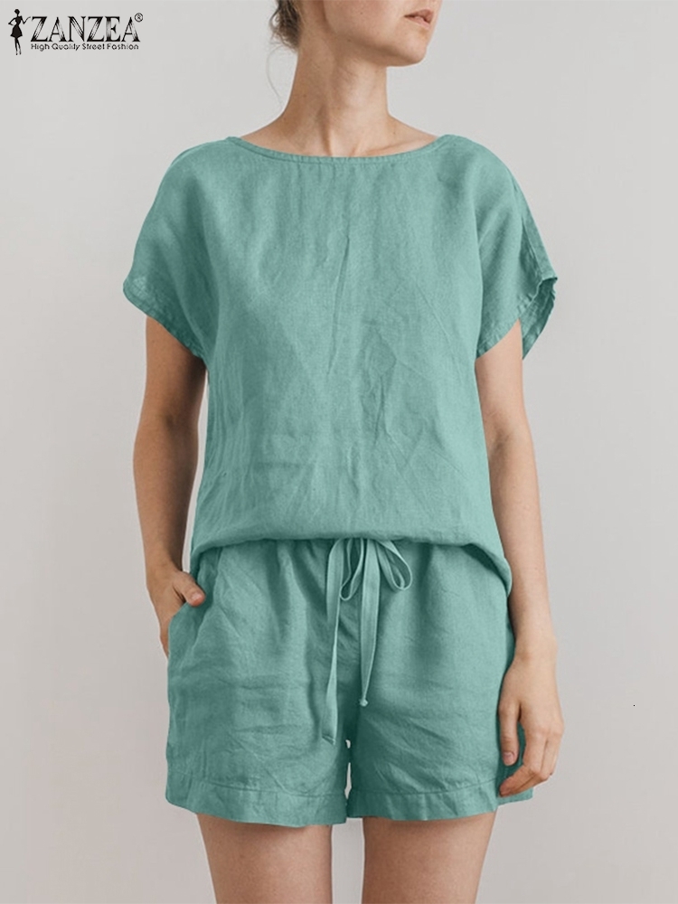 Women's Two Piece Pants ZANZEA Summer Women Matching Sets Short Sets Cotton Suits Short Sleeves Shorts Female Casual Tracksuit Tops Loose Home We