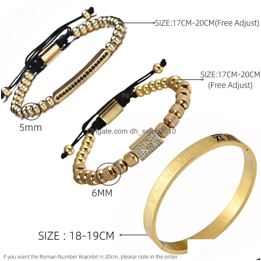 Charm Bracelets 3Pcs/Set Gold Royal King Crown Men Roman Numeral Bracelet Unique Design Braided Adjustable Bangle Pseira Drop Delive Dhf3E