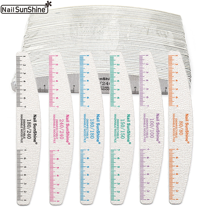 Nail Files 50 Pcs Professional Wood File Thick Half Moon With Ruler Grey Sandpaper 80 100 150 180 240 Grit Wooden Tips For Nails 230520