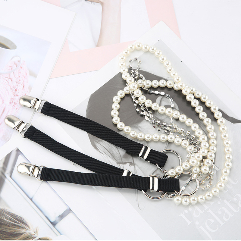 Suspenders 3 Clips Pearl Chain Belt for Women Elastic Trousers Pants Tights Strap Garter Adjustable 230519
