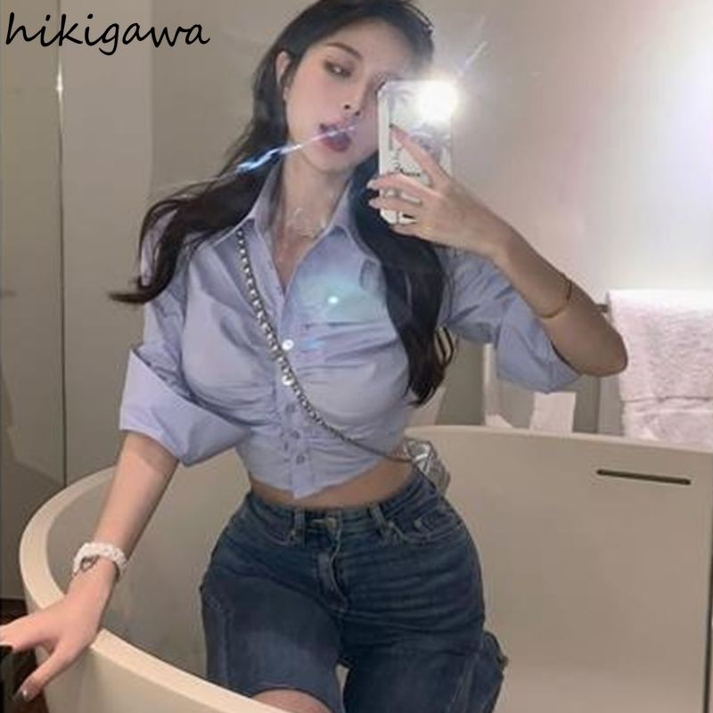 Womens Blouses Shirts Sexy Crop Tops Fashion Blouse for Women Folds Tunic Long Sleeve Shirt Korean Y2k Clothes White Blusas Mujer De Moda 230519