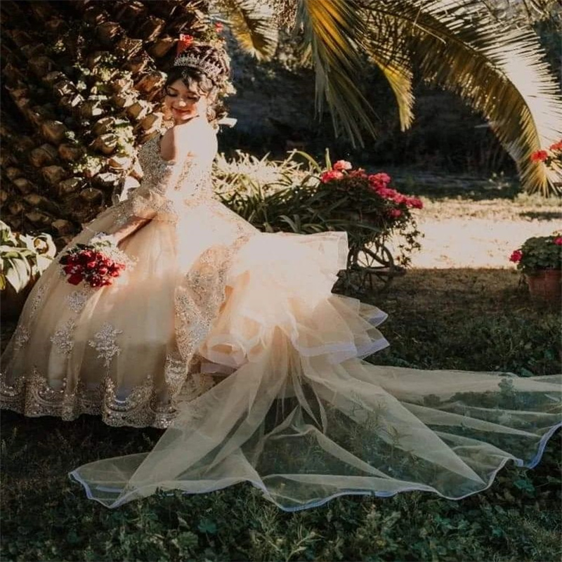Luxury Champagne Sweet 15 Quinceanera Dress 2023 Ballkleider Puffy Lace Tulle Ruffles Birthday Party Princess Vestidos De Prom vestidos de 15 quincean