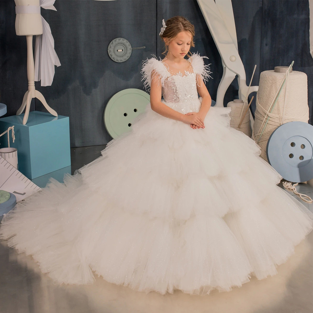 Pretty Feather Ruffles Ball Gown Flower Girls Dresses Bead First Communion Dress Tiere Tulle Child Christening Wear 415