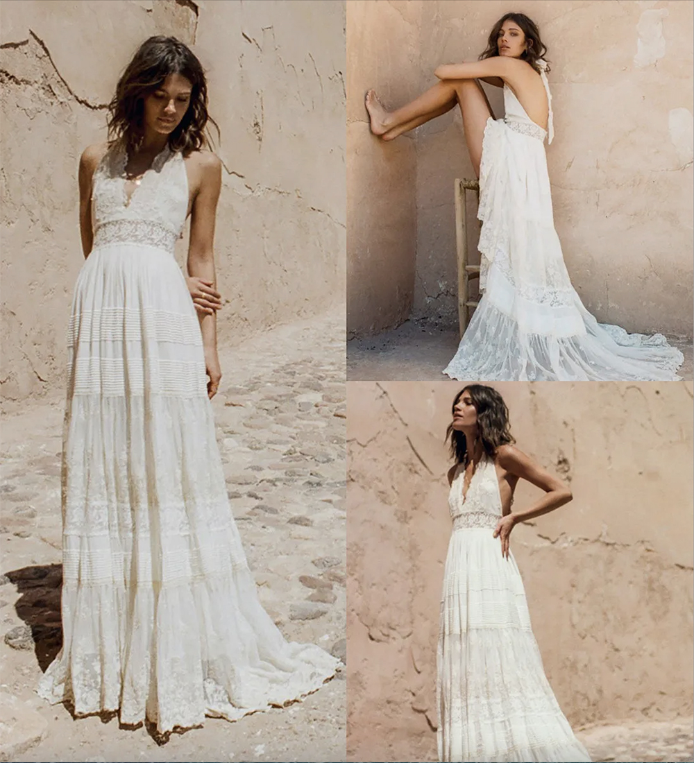 Bohemian Dresses Halter Deep V Neck Embroidery Sweep Train Backless Bridal Gowns Custom Made Beach Boho Wedding Dress