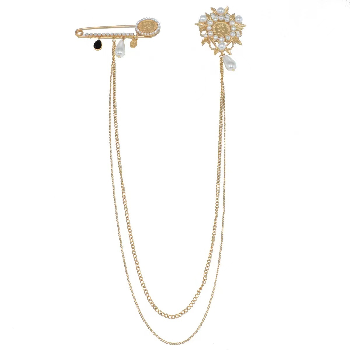 Pins Brooches Vintage Alloy Rhinestones Large Brooches Fashion Shawl Tassel Chain Lapel Pin Shirt Suit Jewelry for Men Wedding Accessories 230519