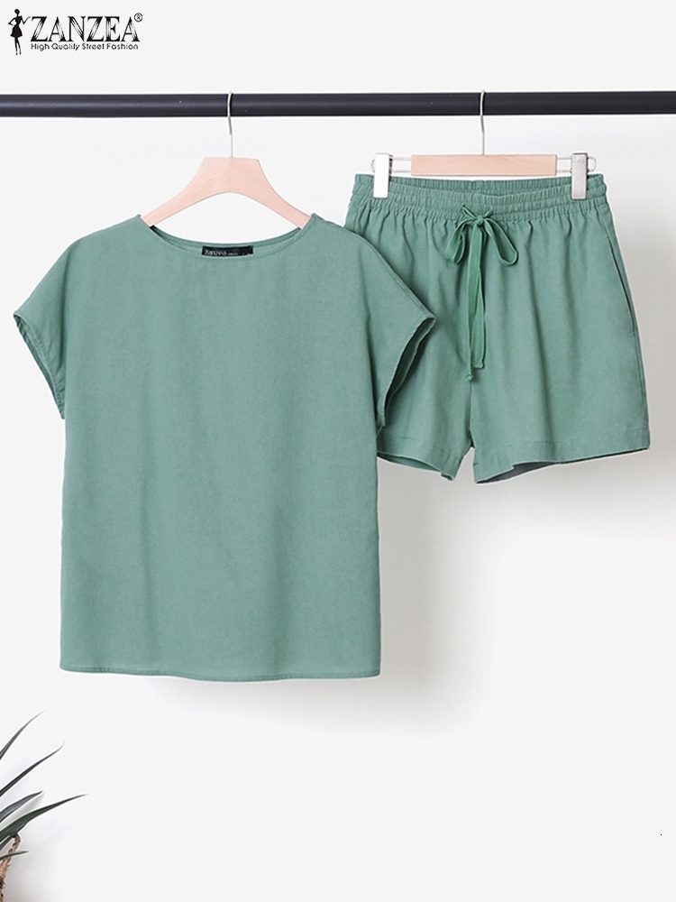 Women's Two Piece Pants ZANZEA Summer Women Matching Sets Short Sets Cotton Suits Short Sleeves Shorts Female Casual Tracksuit Tops Loose Home We