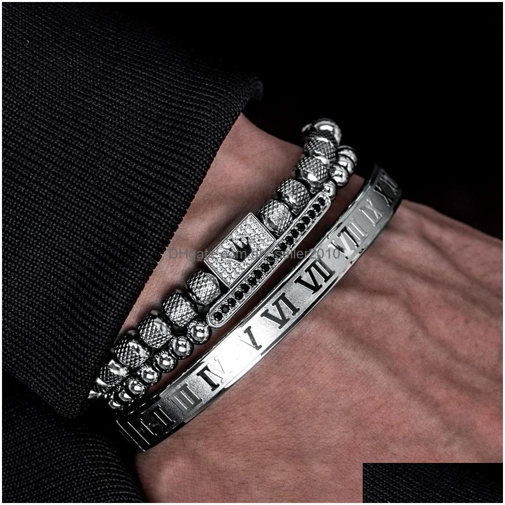 Charm Bracelets 3Pcs/Set Gold Royal King Crown Men Roman Numeral Bracelet Unique Design Braided Adjustable Bangle Pseira Drop Delive Dhf3E