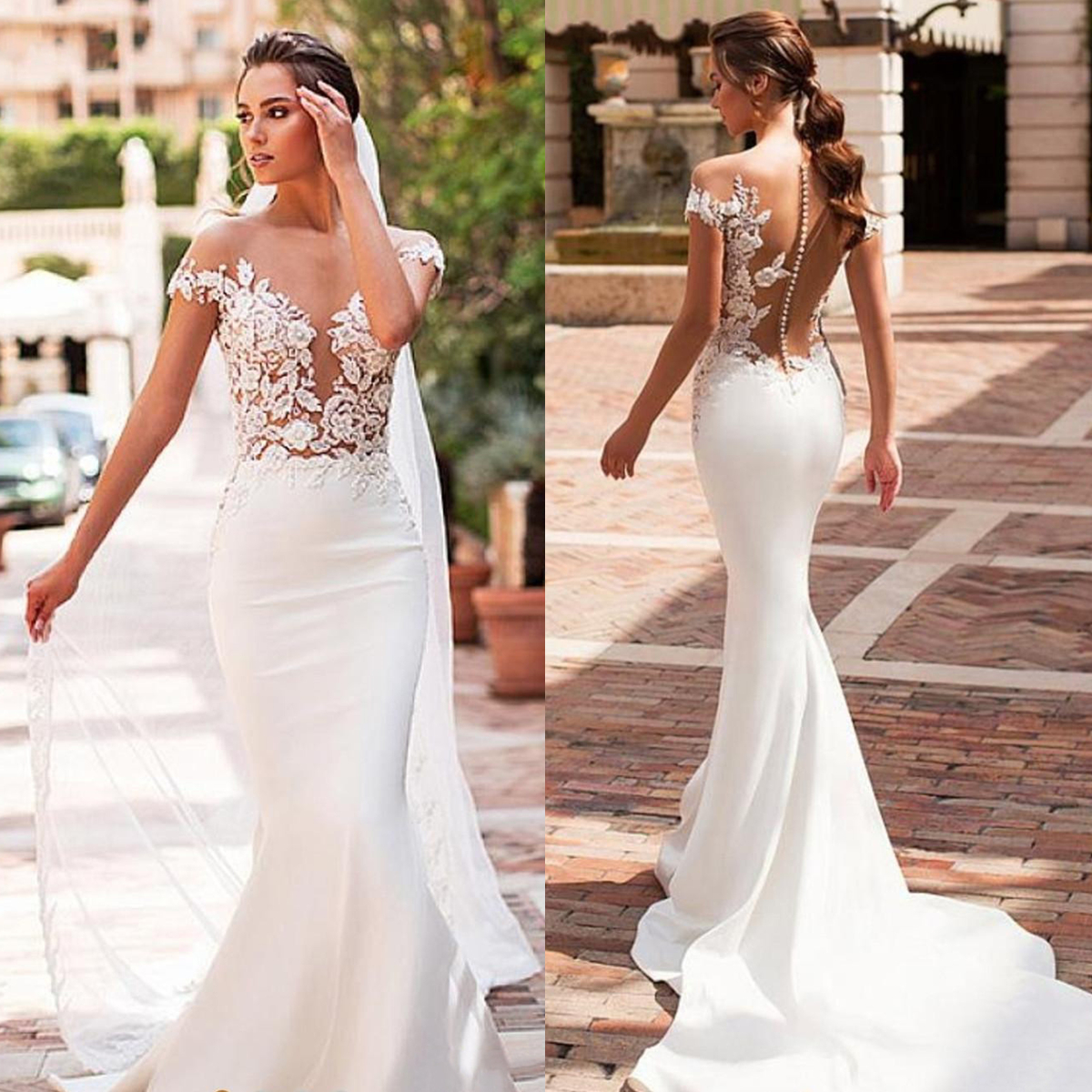 Sexy Boho Mermaid Wedding Dresses Satin Cap Sleeve Sheer Illusion Vestido De Noiva Lace Bohemian Bride Gowns With Romantic Buttons Back