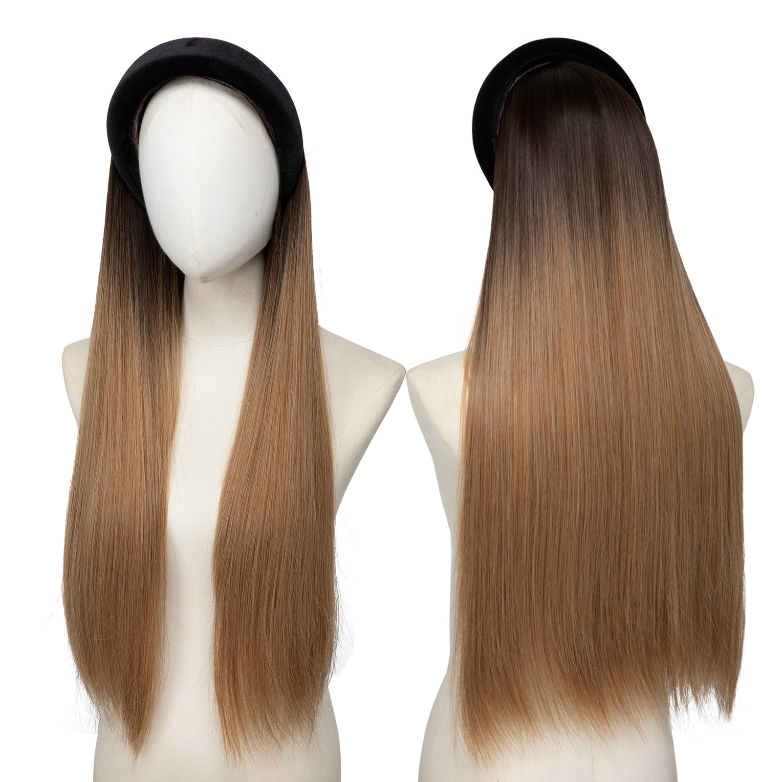 28" Synthetic Long Straight Headband Half Head Hair Wigs, a Hair Sleeve That Combines a Headband With a Wig