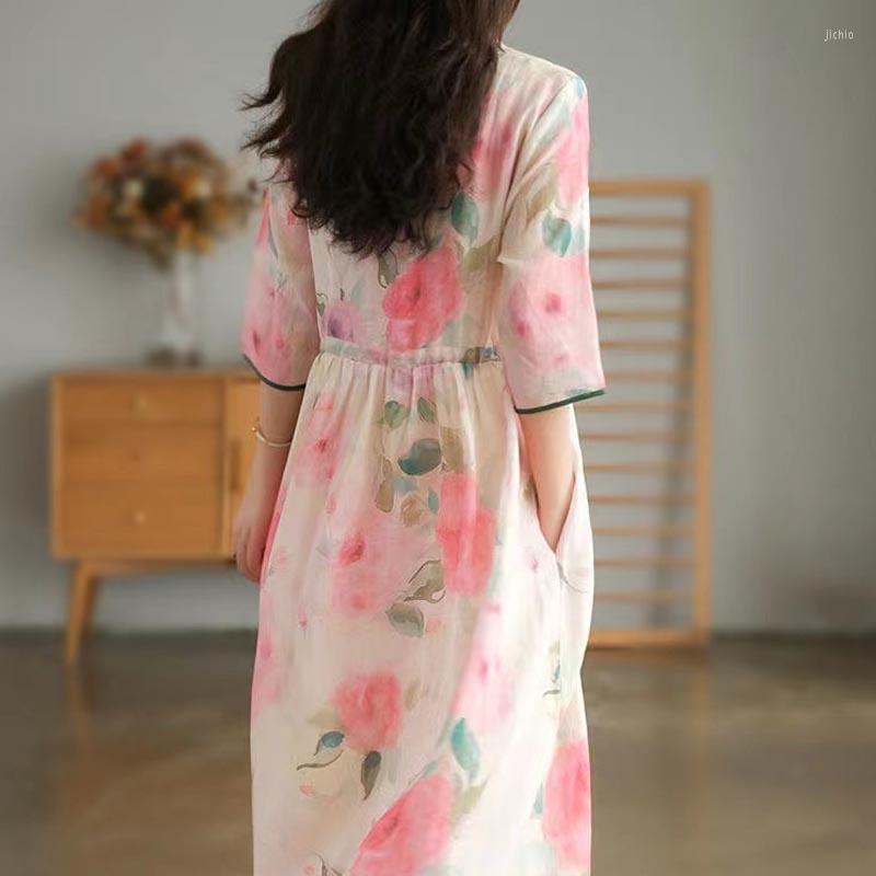 Casual Dresses Elegant Pink V-neck Floral Printed Ladies Dress Chiffon Loose Lace-up Long Women Three-quarter Sleeves Robe 26844