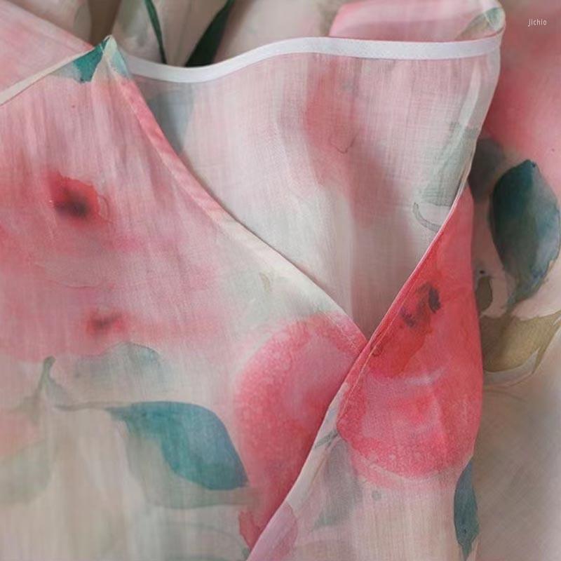 Casual Dresses Elegant Pink V-neck Floral Printed Ladies Dress Chiffon Loose Lace-up Long Women Three-quarter Sleeves Robe 26844