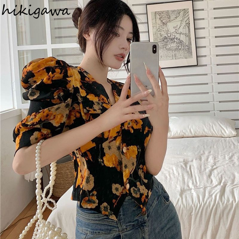 Womens Blouses Shirts Summer Blouse Women Blusas Mujer De Moda Sexy Vneck Puff Sleeve Tunic Korean Vintage Fashion Floral Crop Tops 7j335 230519