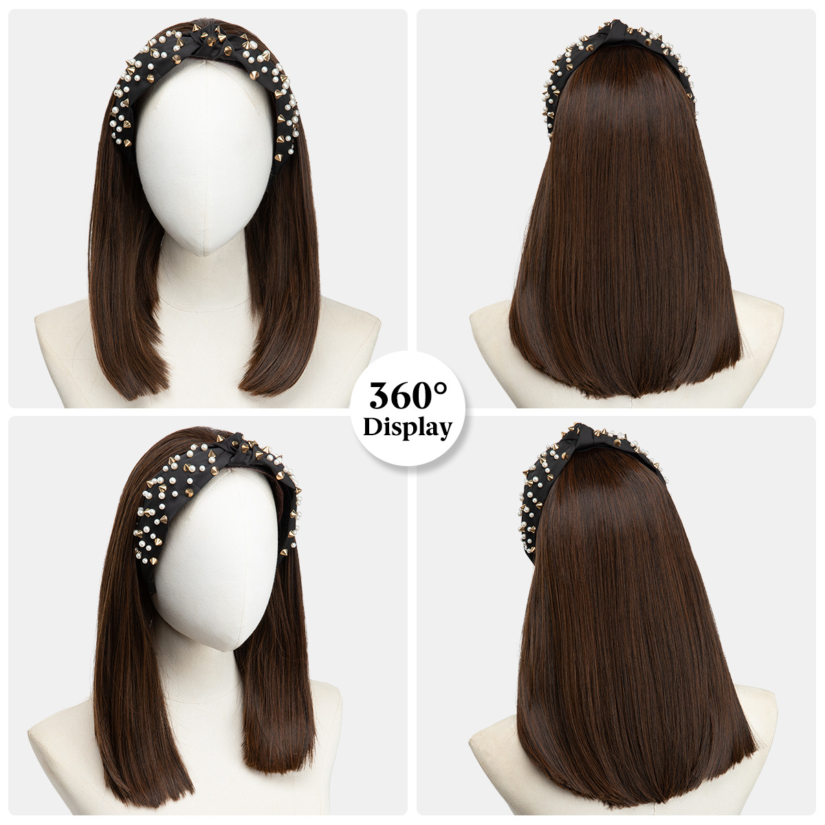 Synthetic Straight Natural Short Hair Wig Headband Half Up Half Down Wig With Headband Attached For Women