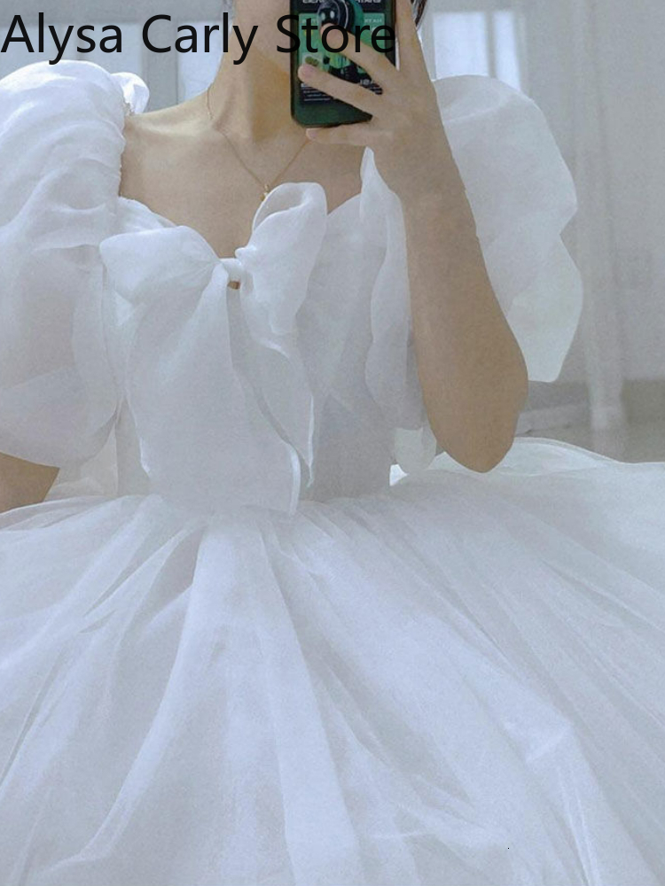 Basic Casual Dresses White Elegant Sweet Princess Dress Women Bow Puff Sleeve Korean Kawaii Midi Dress Female Autumn Casual Evening Party Dress 230520