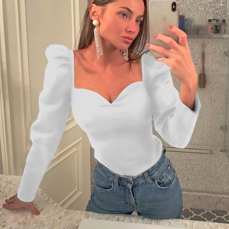 Womens Blouses Shirts Special Offer Korean autumn solid color vintage women shirts puff sleeve square sexy small Vneck Slim blouse 230519