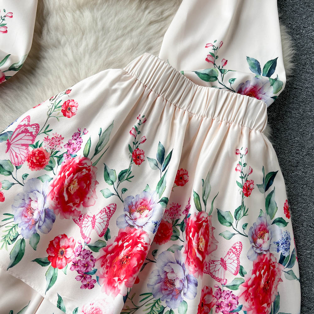 Two Piece Dress Spring Runway Vacation Suit Women Bow Neck Flower Print Long Sleeve Blouses + High Waist Layer Cascading Maxi Skirt 2 Pieces Set 2023