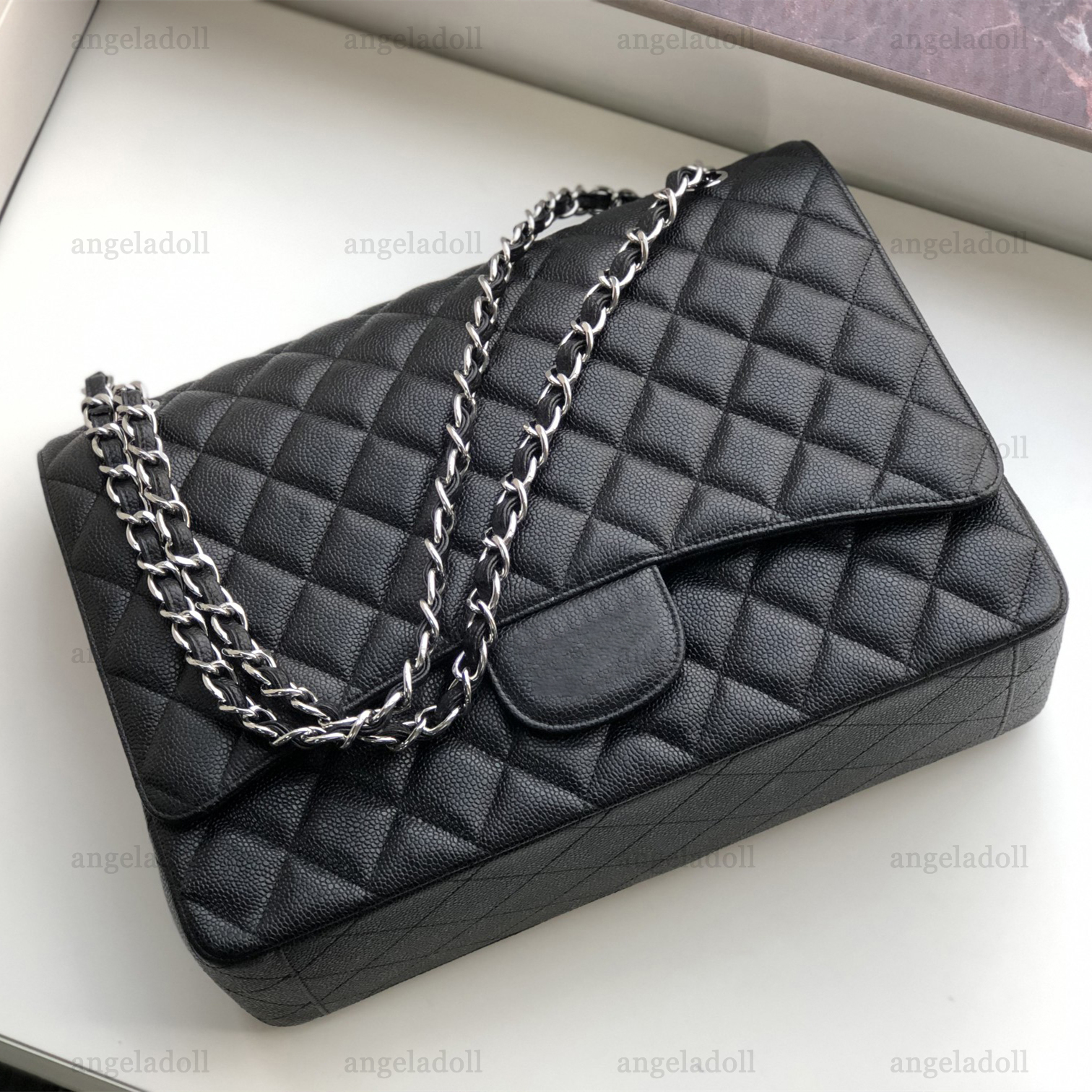 

10A Mirror Quality Designer Classic Double Flap Bags 33cm Maxi Womens Handbag Real Leather Caviar Lambskin Black Quilted Purse Crossbody Shoulder Chain Box Bag, Black caviar