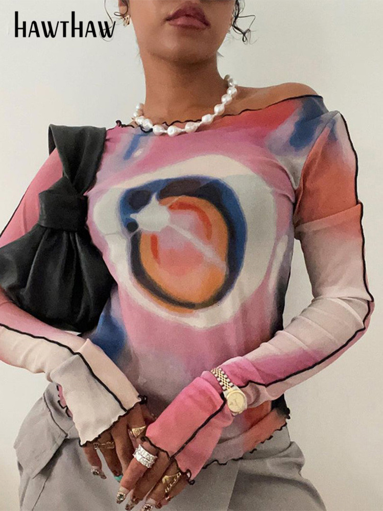 Women's TShirt Hawthaw Women Long Sleeve Graphic Mesh See Through T Shirt Tops Tees Streetwear Summer Clothes Wholesale Items For Business 230520