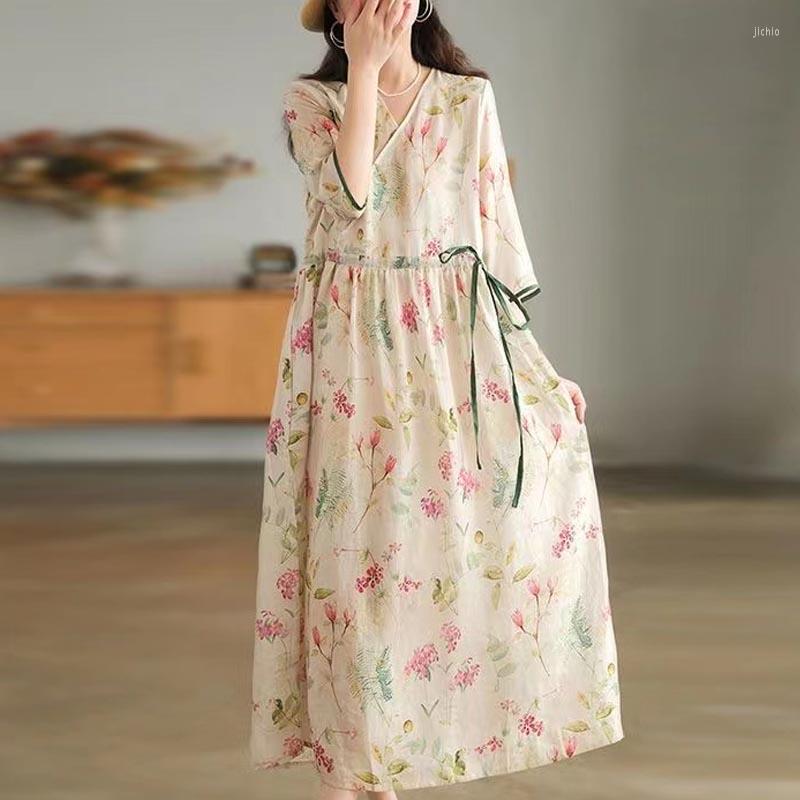 Casual Dresses Elegant Pink V-neck Floral Printed Ladies Dress Chiffon Loose Lace-up Long Women Three-quarter Sleeves Robe 26844