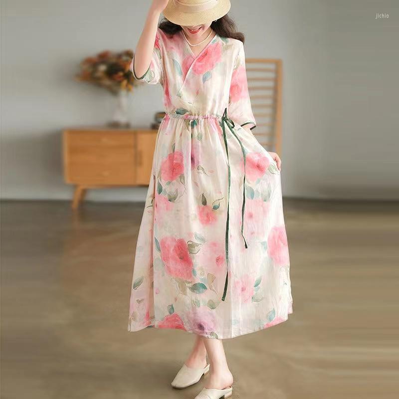 Casual Dresses Elegant Pink V-neck Floral Printed Ladies Dress Chiffon Loose Lace-up Long Women Three-quarter Sleeves Robe 26844