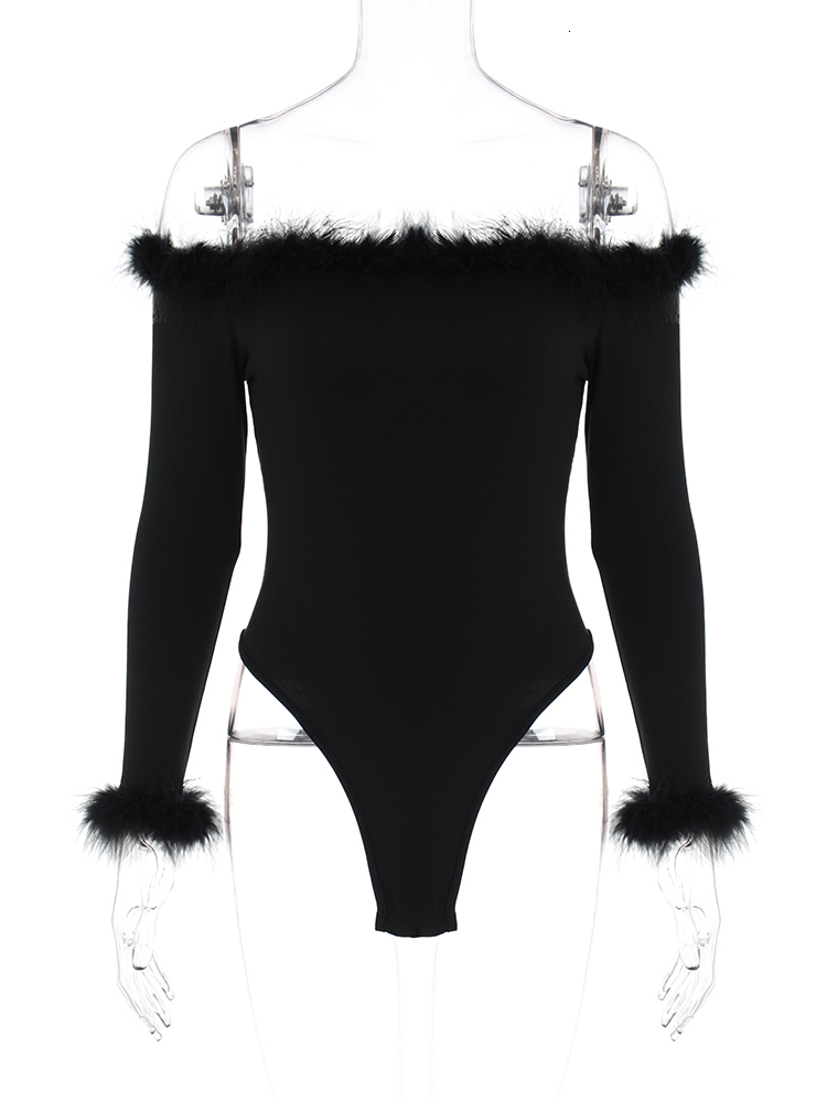 Women's Jumpsuits Rompers Hugcitar Feather Slash Neck Long Sleeve Solid Elegant Sexy Bodycon Bodysuit Fall Winter Women Birthday Party Y2K Clothe