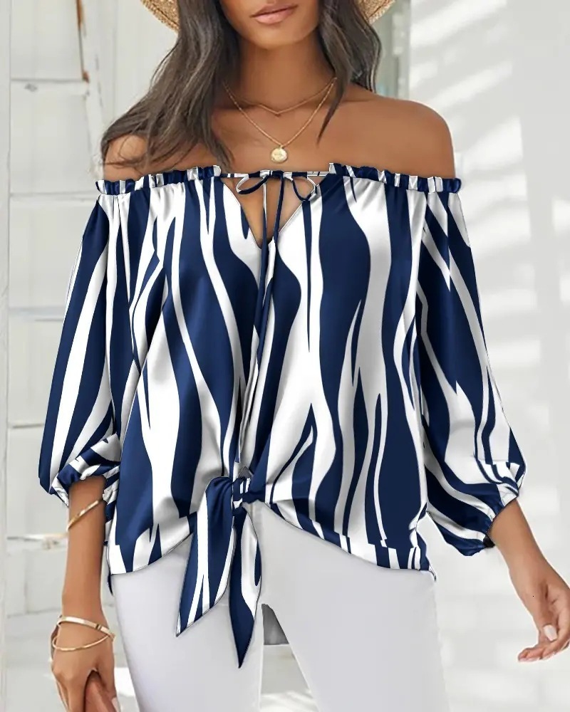 Womens Blouses Shirts Summer Lace Up Print Loose Off The Shoulder Pullover Blouse Office Lady Irregular Tops Camisa Feminina Blusas 230519