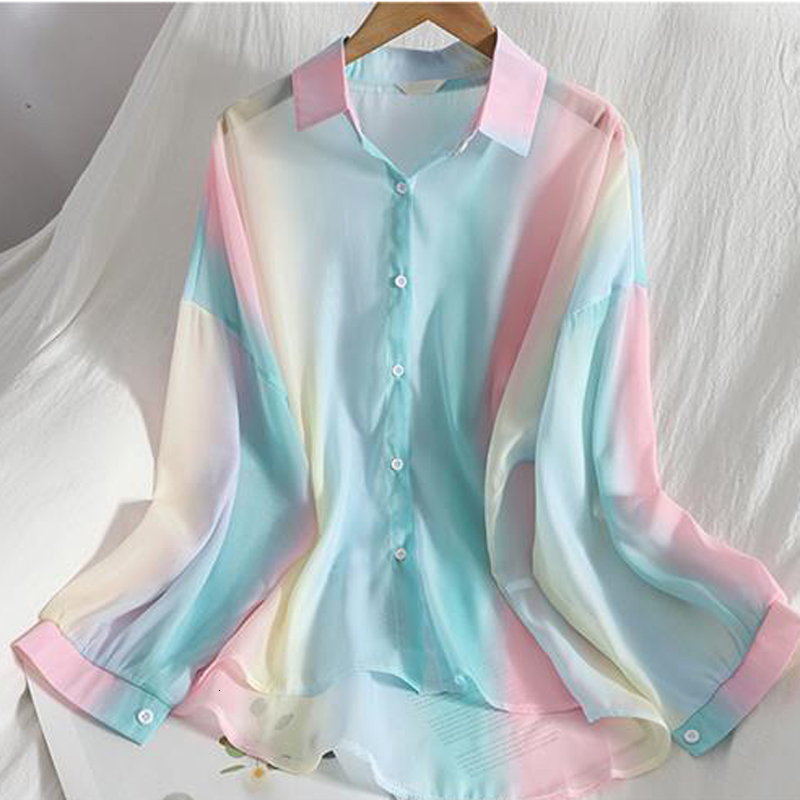 Womens Blouses Shirts Women Chic Chiffon Rainbow Sun Protection Blouse Summer Loose See Through Thin Female Casual Long Sleeve Tops 230519