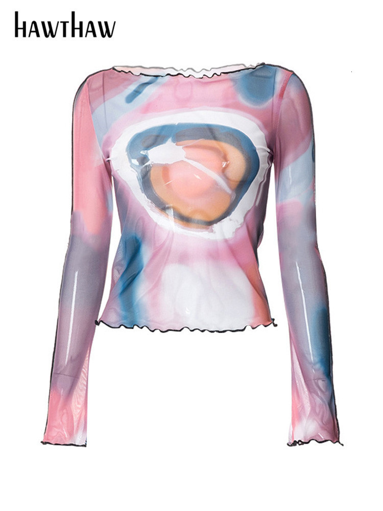 Women's TShirt Hawthaw Women Long Sleeve Graphic Mesh See Through T Shirt Tops Tees Streetwear Summer Clothes Wholesale Items For Business 230520