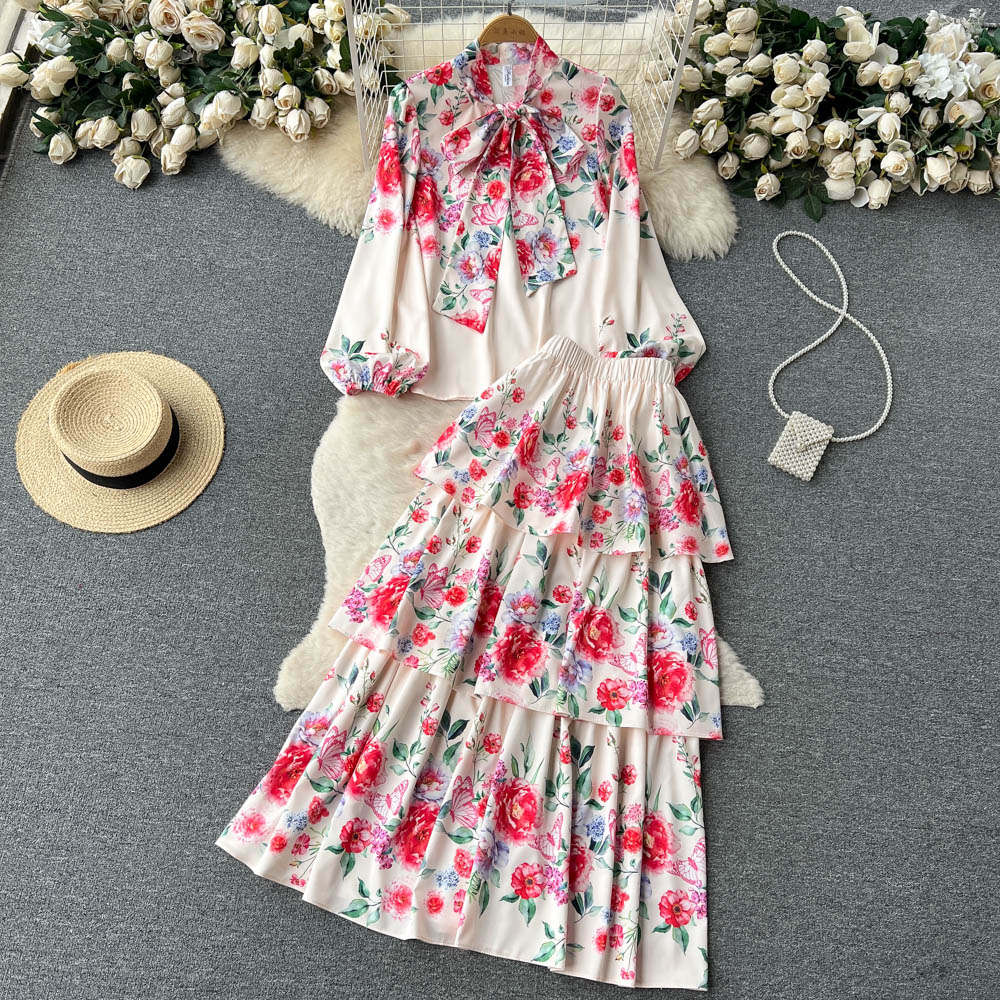 Two Piece Dress Spring Runway Vacation Suit Women Bow Neck Flower Print Long Sleeve Blouses + High Waist Layer Cascading Maxi Skirt 2 Pieces Set 2023