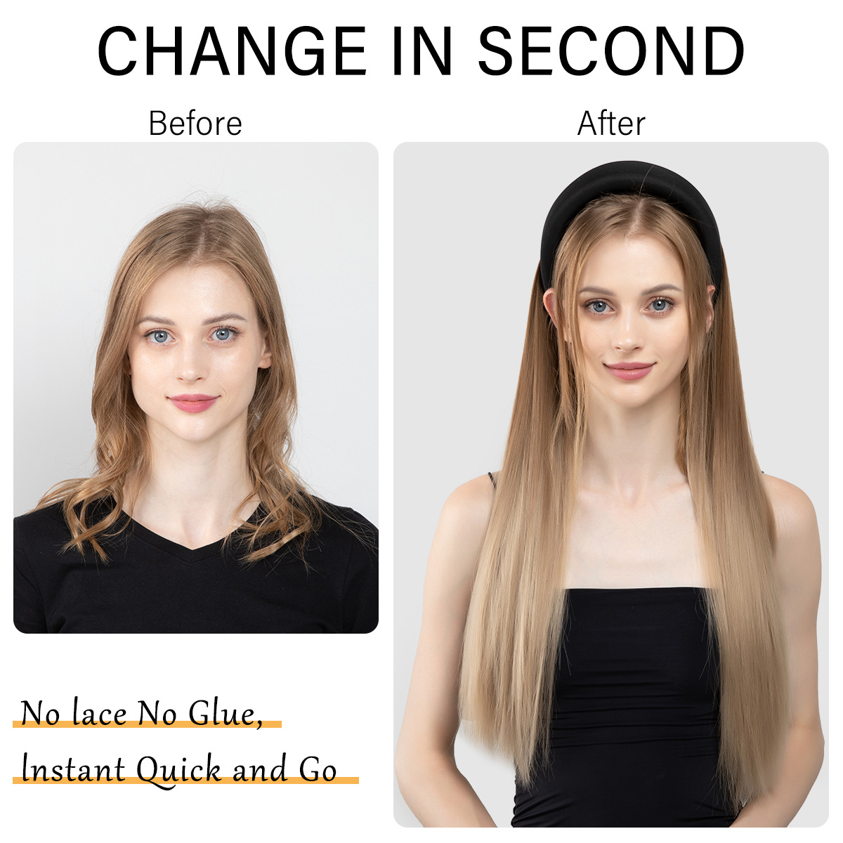 28" Synthetic Long Straight Headband Half Head Hair Wigs, a Hair Sleeve That Combines a Headband With a Wig