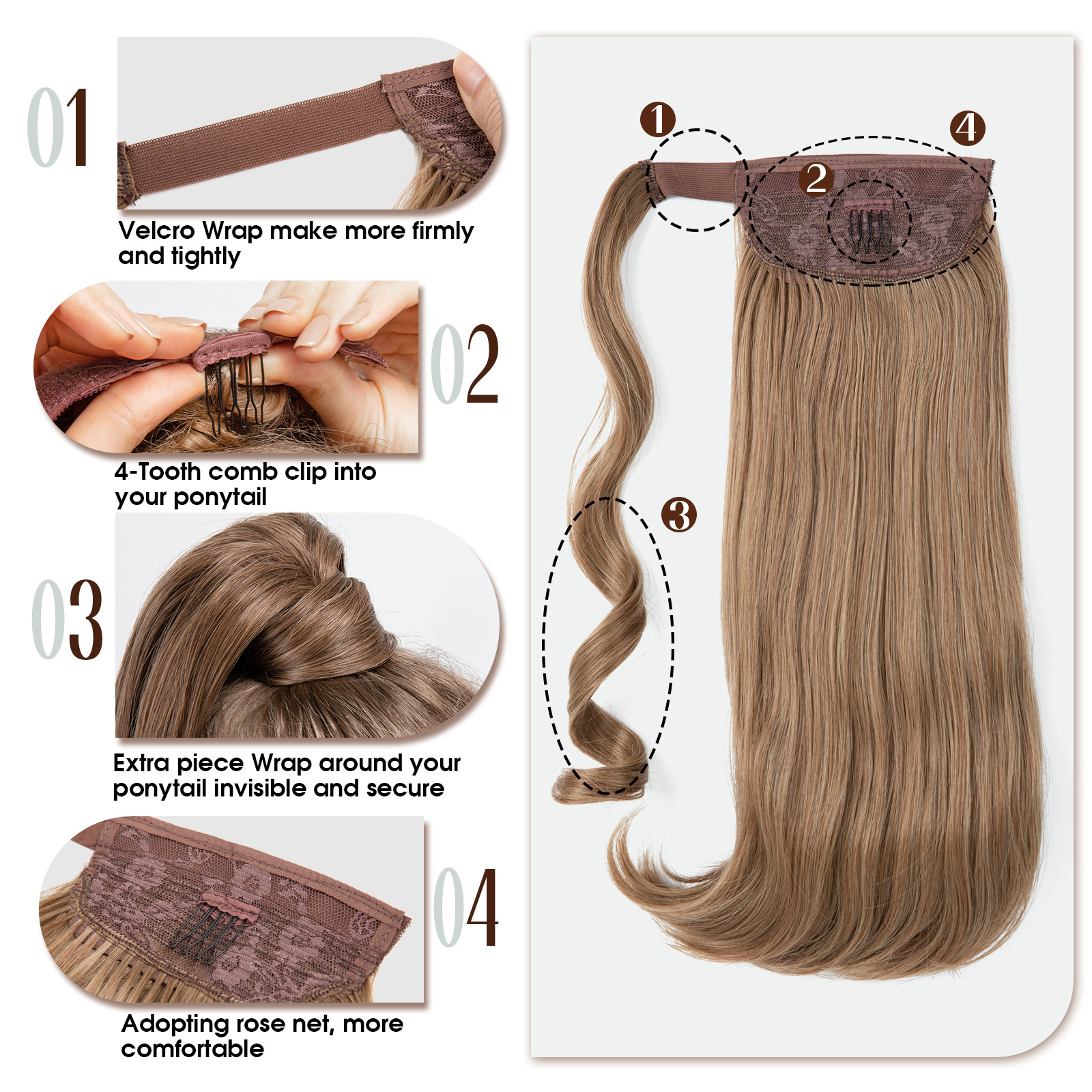 Synthetic 17" Long Wavy Ponytail Hair Extension Curly Clip In Hairpiece Blonde Wrap Around Pigtail Smooth Fake Pony Tail