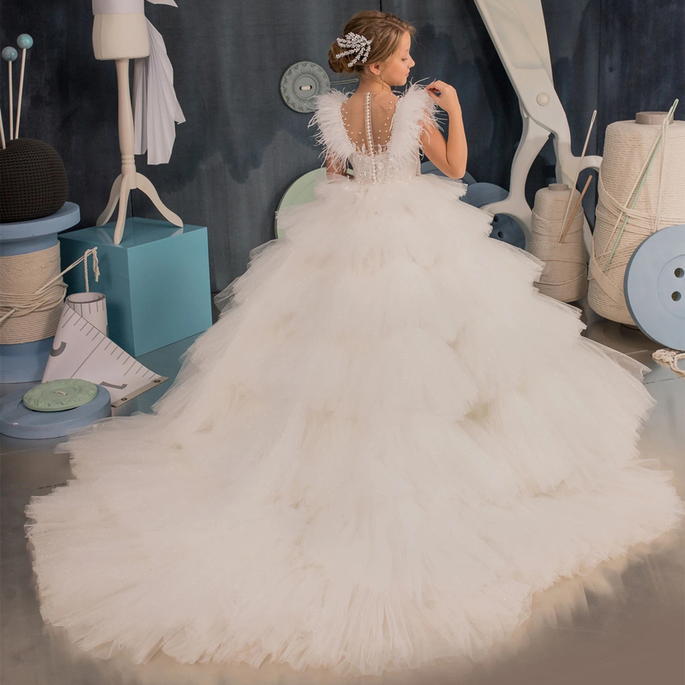 Pretty Feather Ruffles Ball Gown Flower Girls Dresses Bead First Communion Dress Tiere Tulle Child Christening Wear 415
