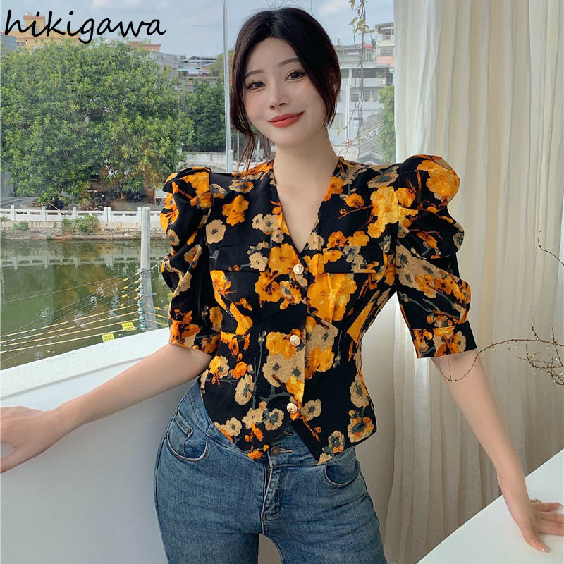 Womens Blouses Shirts Summer Blouse Women Blusas Mujer De Moda Sexy Vneck Puff Sleeve Tunic Korean Vintage Fashion Floral Crop Tops 7j335 230519