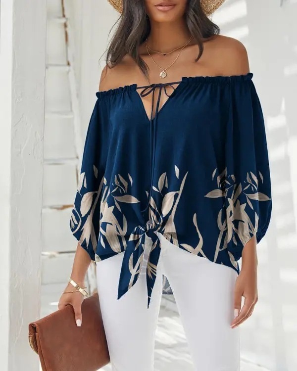 Womens Blouses Shirts Summer Lace Up Print Loose Off The Shoulder Pullover Blouse Office Lady Irregular Tops Camisa Feminina Blusas 230519