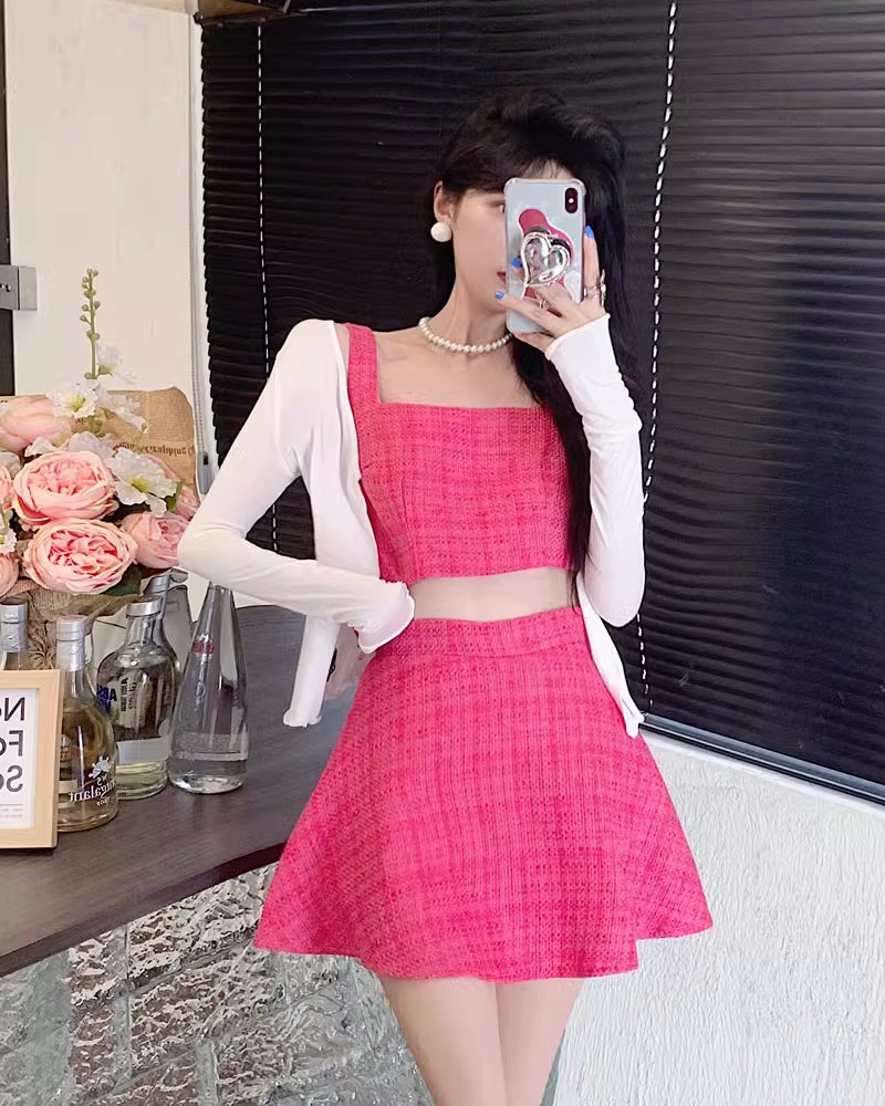 Womens summer 2 pc dress set rose color tweed woolem crop top spaghetti strap vest and a-line short skirt suit SML