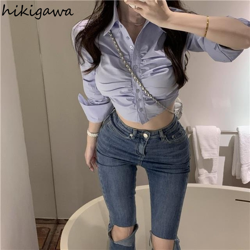 Womens Blouses Shirts Sexy Crop Tops Fashion Blouse for Women Folds Tunic Long Sleeve Shirt Korean Y2k Clothes White Blusas Mujer De Moda 230519