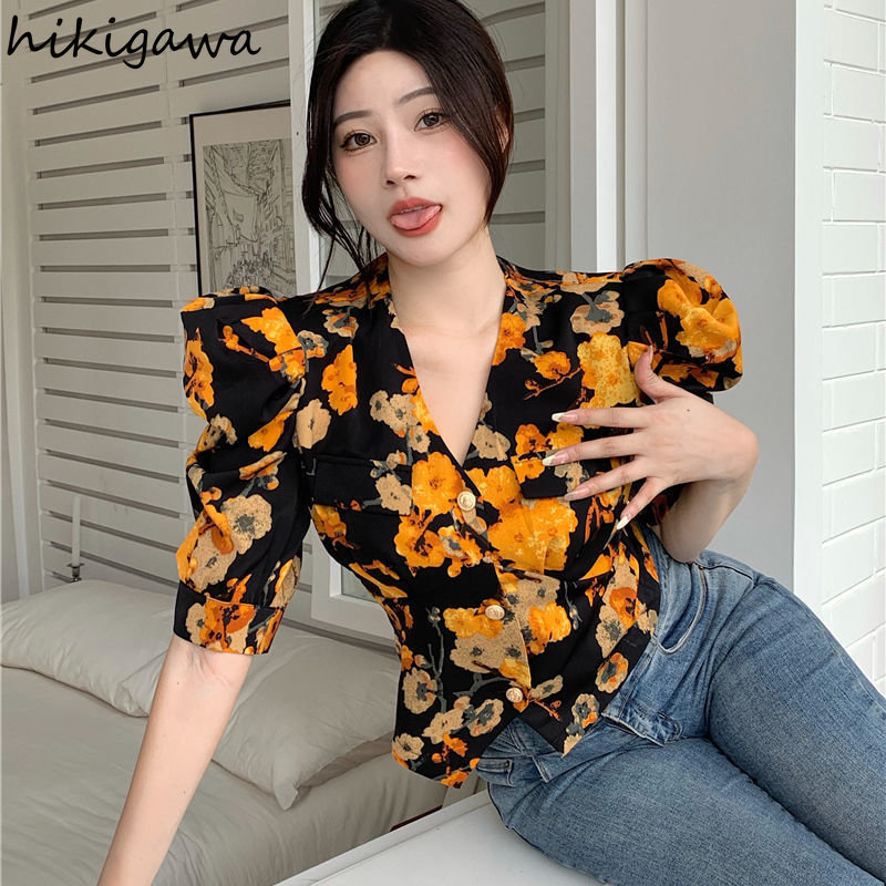 Womens Blouses Shirts Summer Blouse Women Blusas Mujer De Moda Sexy Vneck Puff Sleeve Tunic Korean Vintage Fashion Floral Crop Tops 7j335 230519
