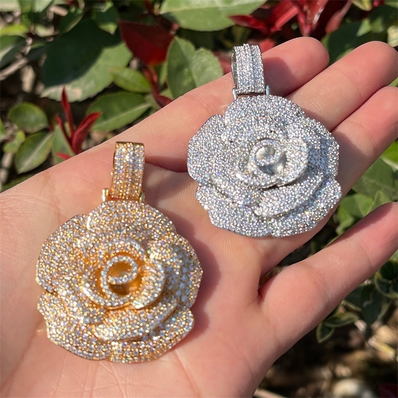 Chokers Bubble Letter Iced Out Pendant Rose Flower Necklace for Women Hip Hop Charms Cubic Zircon Fashion Jewery Gold Color 230519