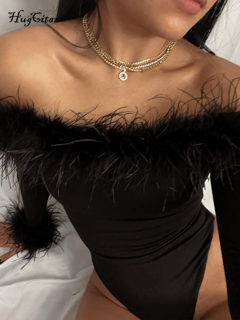 Women's Jumpsuits Rompers Hugcitar Feather Slash Neck Long Sleeve Solid Elegant Sexy Bodycon Bodysuit Fall Winter Women Birthday Party Y2K Clothe