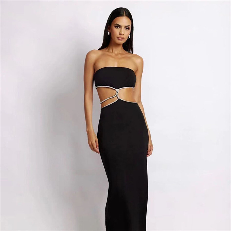 Basic Casual Dresses Puloru Black Off Shoulder Party Tube Top Dress Elegant Retro Sleeveless Strapless Hollow Out Backless Split Wrap Dress Vestidos 2