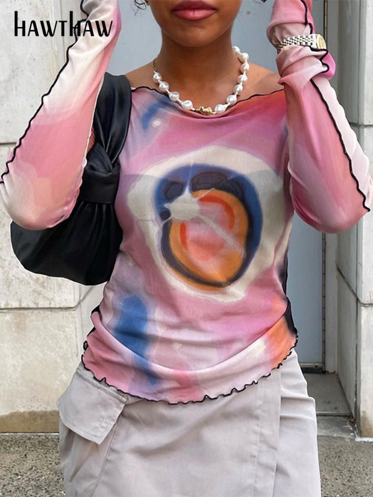 Women's TShirt Hawthaw Women Long Sleeve Graphic Mesh See Through T Shirt Tops Tees Streetwear Summer Clothes Wholesale Items For Business 230520