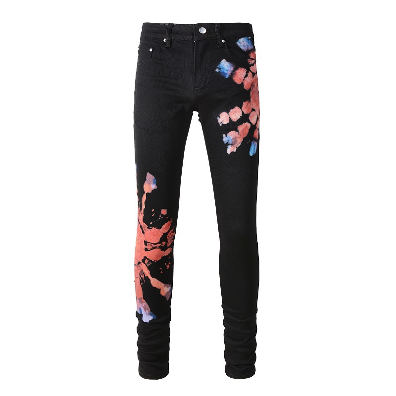 Casual men black straight washed graffiti pattern splashes ink amiryes elastic jeans