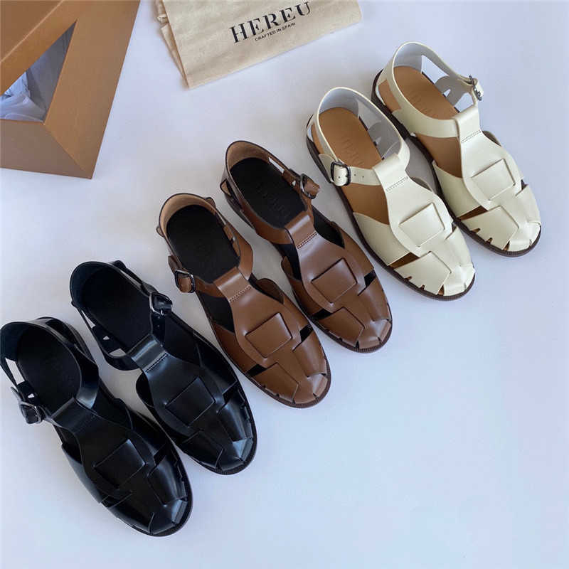 HEREU 2023 New Wrapped Cowhide Knitted Casual Flat Shoes Roman Sandals Women, Black